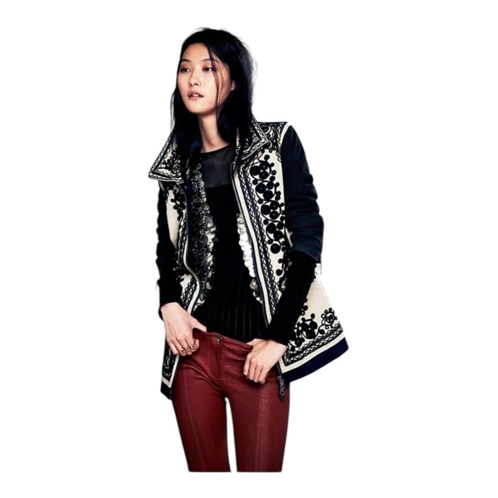 Free People Stitched Quills Embroidered Jacket Cream Black Boho Western Small